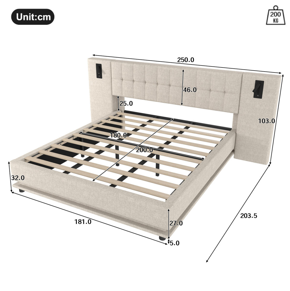 ČALÚNENÁ posteľ z ľanu a MDF 180x200 cm béžová s LED osvetlením, USB portom, čítacím bodom a bez matraca - béžová, textil (180/200cm) - Modfu