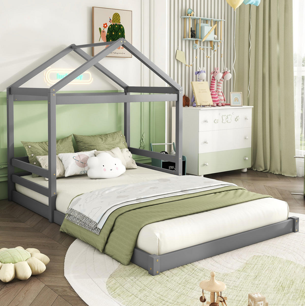 HAUSBETT 140/200 cm Grau aus Kiefernholz und MDF mit Lattenrost - Grau, Holz (140/200cm) - OKMYHOME