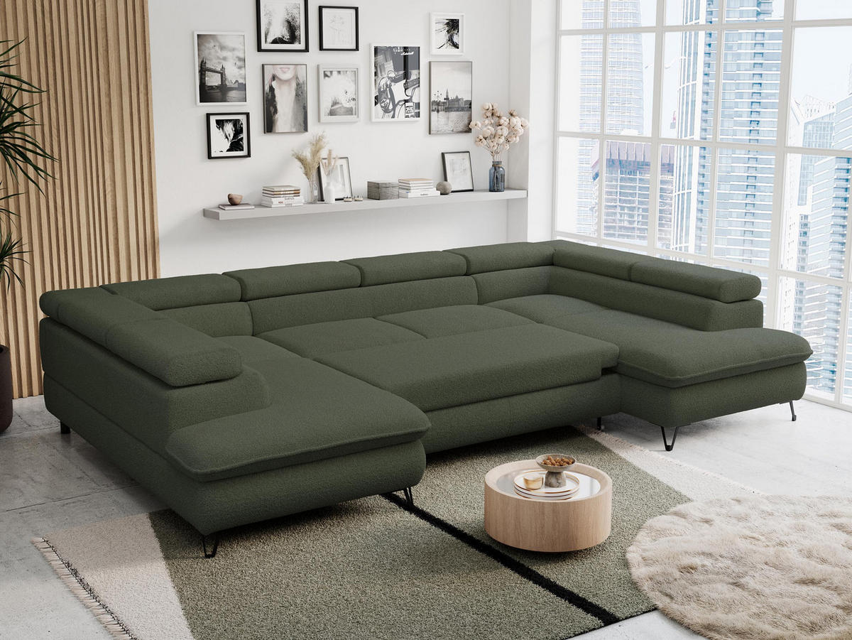 WOHNLANDSCHAFT PETER U Boucle Grün - Schwarz/Grün, Textil/Metall (346/76/208cm) - MKS