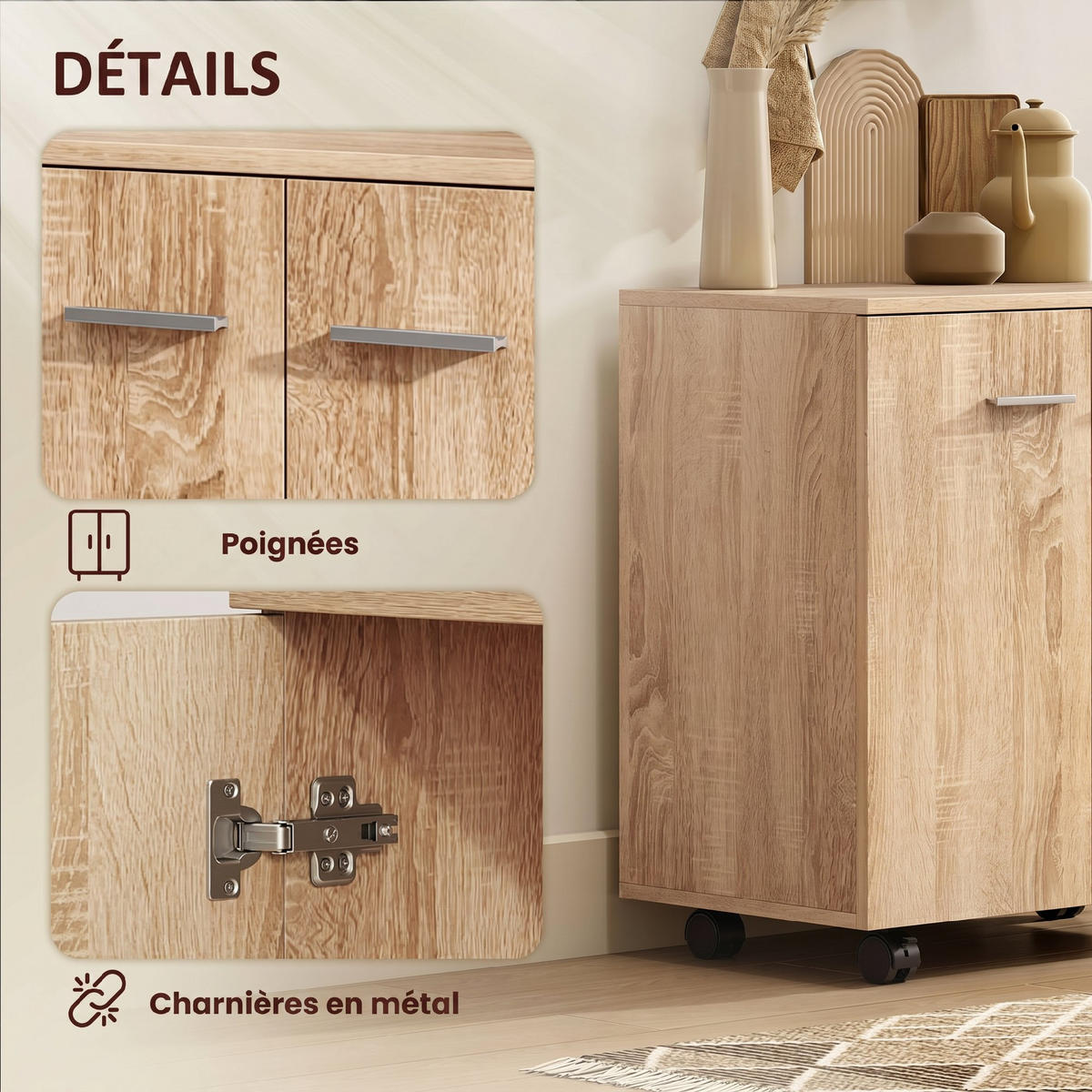 SIDEBOARD Naturfarben, 2 Türen, auf Rollen, 60/35/65 cm - Naturfarben, Holz (60/65/35cm) - PANGIVO