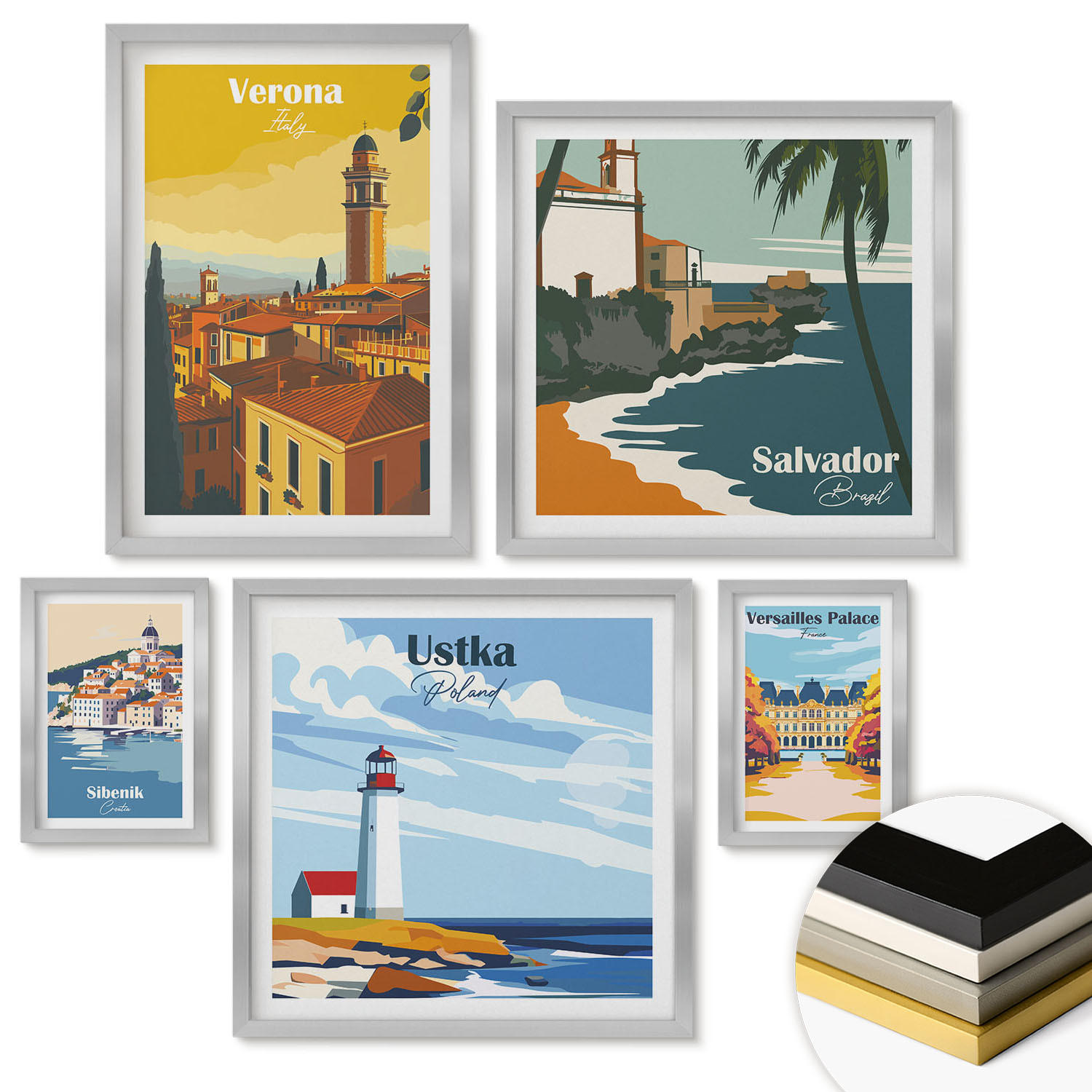WANDBILDER 5er Set - 50x50 cm & 20x30 cm & 40x60 cm Silberner Rahmen - Europäische Städte in farbigen Illustrationen - Silberfarben, Kunststoff (40/60cm) - ArtPrintCave