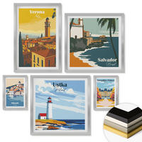 WANDBILDER 5er Set - 50x50 cm & 20x30 cm & 40x60 cm Silberner Rahmen - Europäische Städte in farbigen Illustrationen - Silberfarben, Kunststoff (40/60cm) - ArtPrintCave