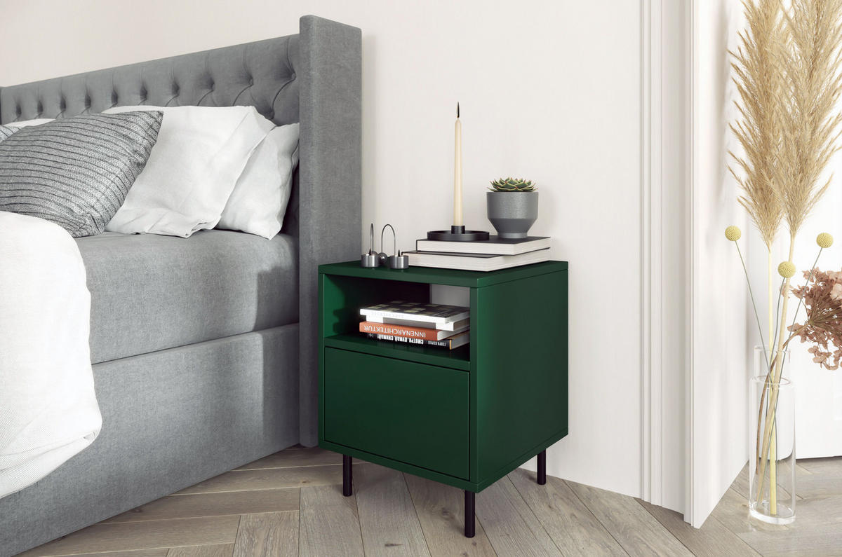 NACHTTISCH Mirka, Grün, Push to Open System, Minimalistisch - Dunkelgrün/Schwarz, Holzwerkstoff/Metall (40/47/40cm) - Dancan