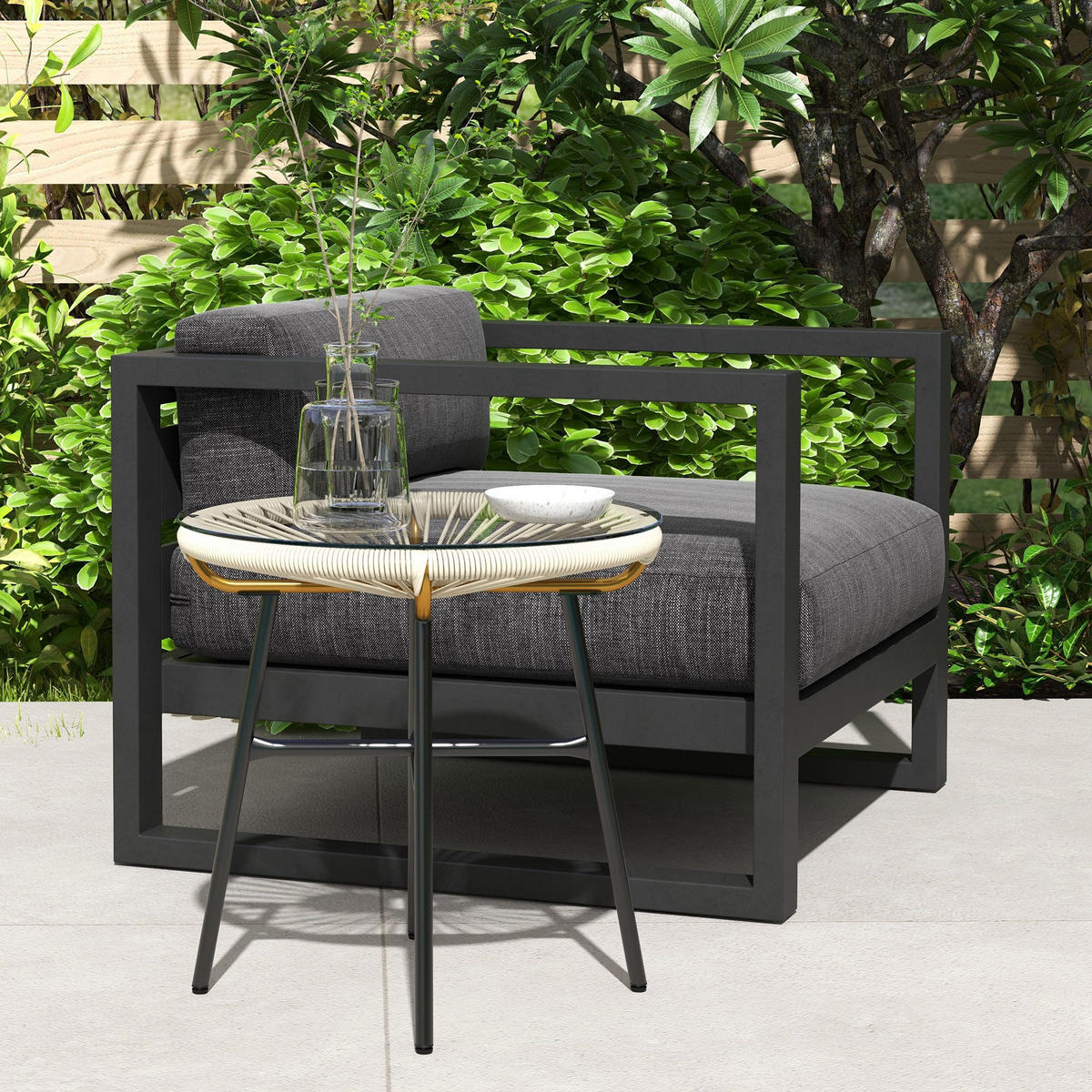 GARTENBEISTELLTISCH DE-13608 rund mit Glasplatte, PE-Rattanoptik Creme - Creme, Metall (50/50/50cm) - ComfortXL
