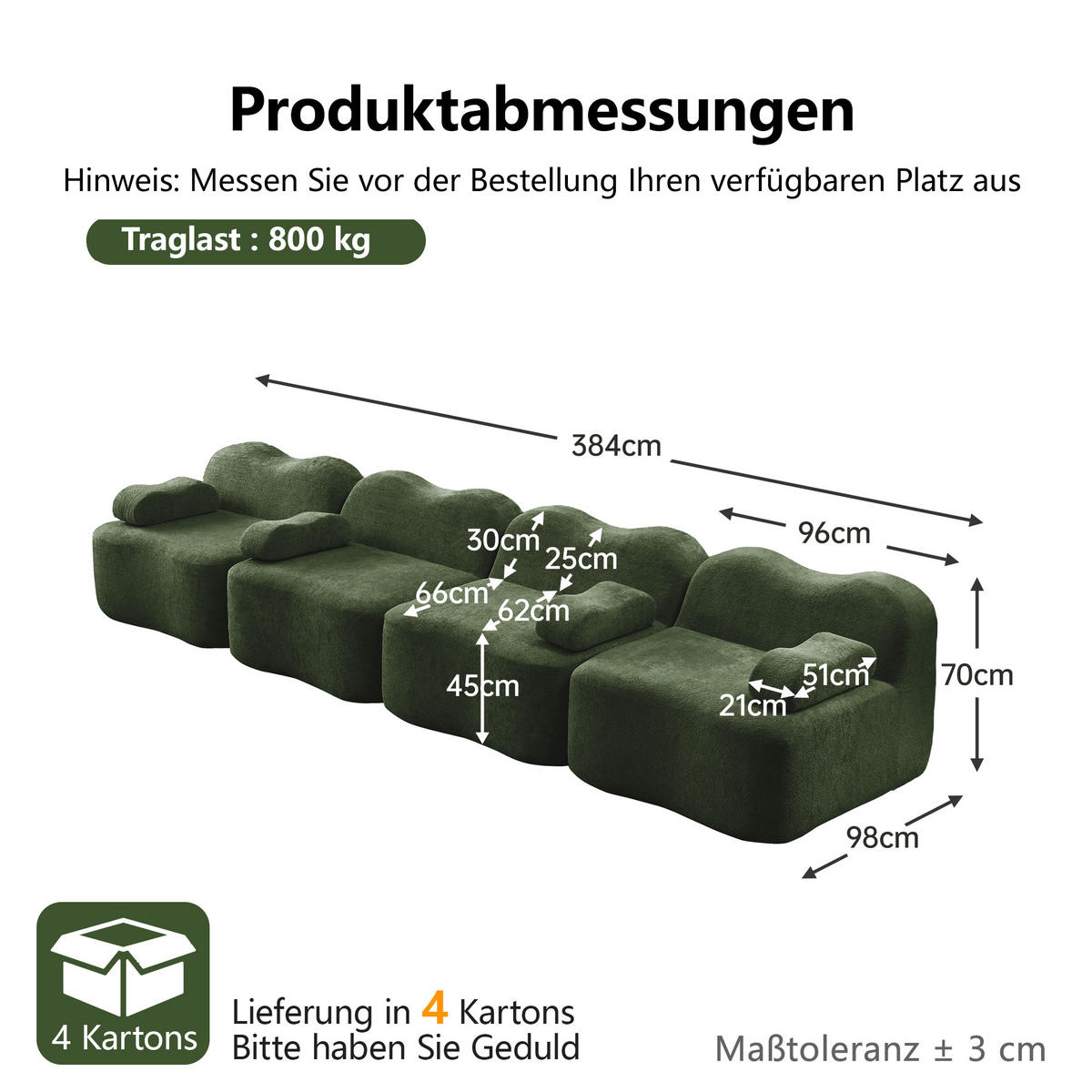 4-SITZER-SOFA DE-34348 Wellenform Grün - Grün, Textil (98/70/384cm) - ComfortXL