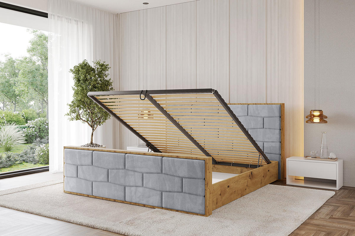 POLSTERBETT mit Bettkasten, Fußteil und Lattenrost, Boxbett mit Matratze H3/H4 - ENZO8-Z 200x200 Hellgrau - Hellgrau, Holzwerkstoff/Textil (200/200cm) - ALTDECOR