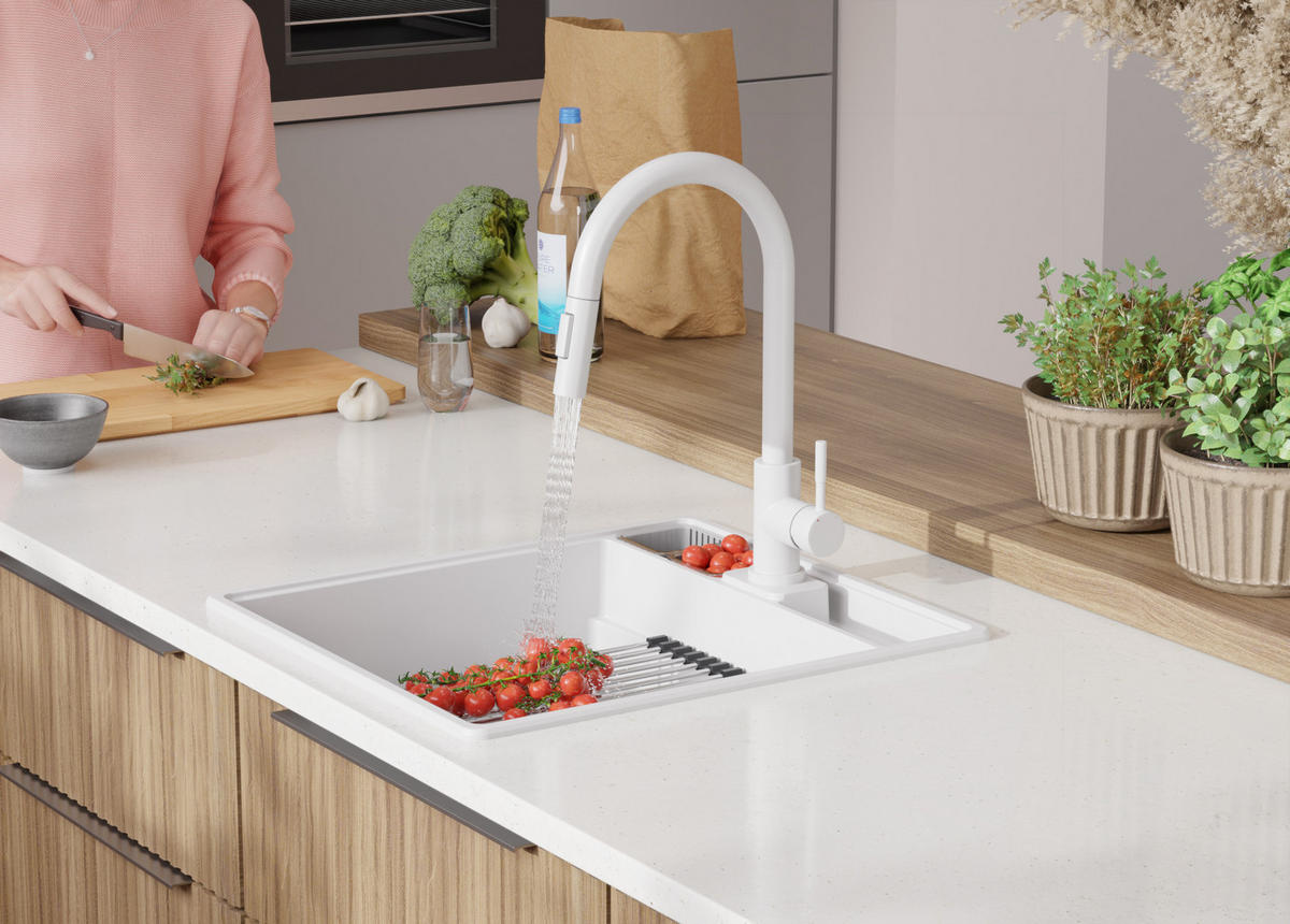 SPÜLBECKEN New York, 2-er set Weiß 48/53 cm 1 Becken + Ablauf-Set + Küchenzubehörset ab 50er Unterschrank - Chromfarben/Beige, Kunststoff (48/20/53cm) - Primagran