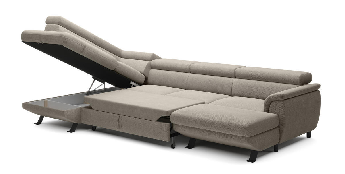 ECKSCHLAFSOFA Raven XL, Verstellbaren Kopfstützen, Bettkasten, Großes Sofa 334x198x162cm Linke, Nata - Grau, Holz/Textil (198/334cm) - DomoHome