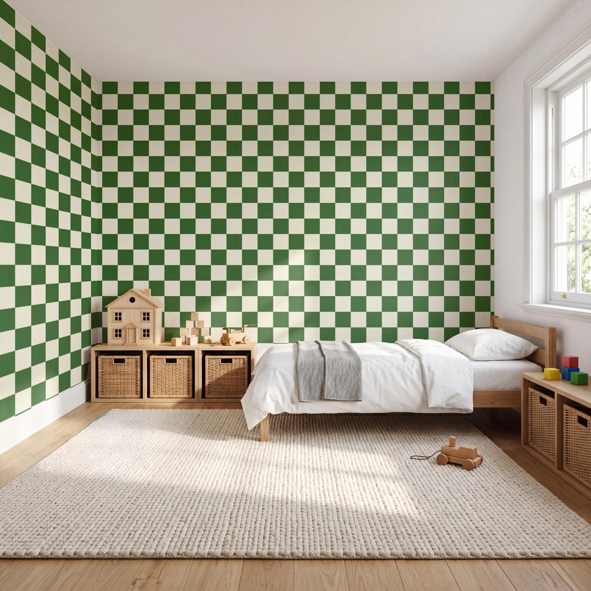 KINDERTAPETE - Schachbrett - Muster - Grün - 450x280 cm - Grün, Papier (450/280cm) - OnlyWow