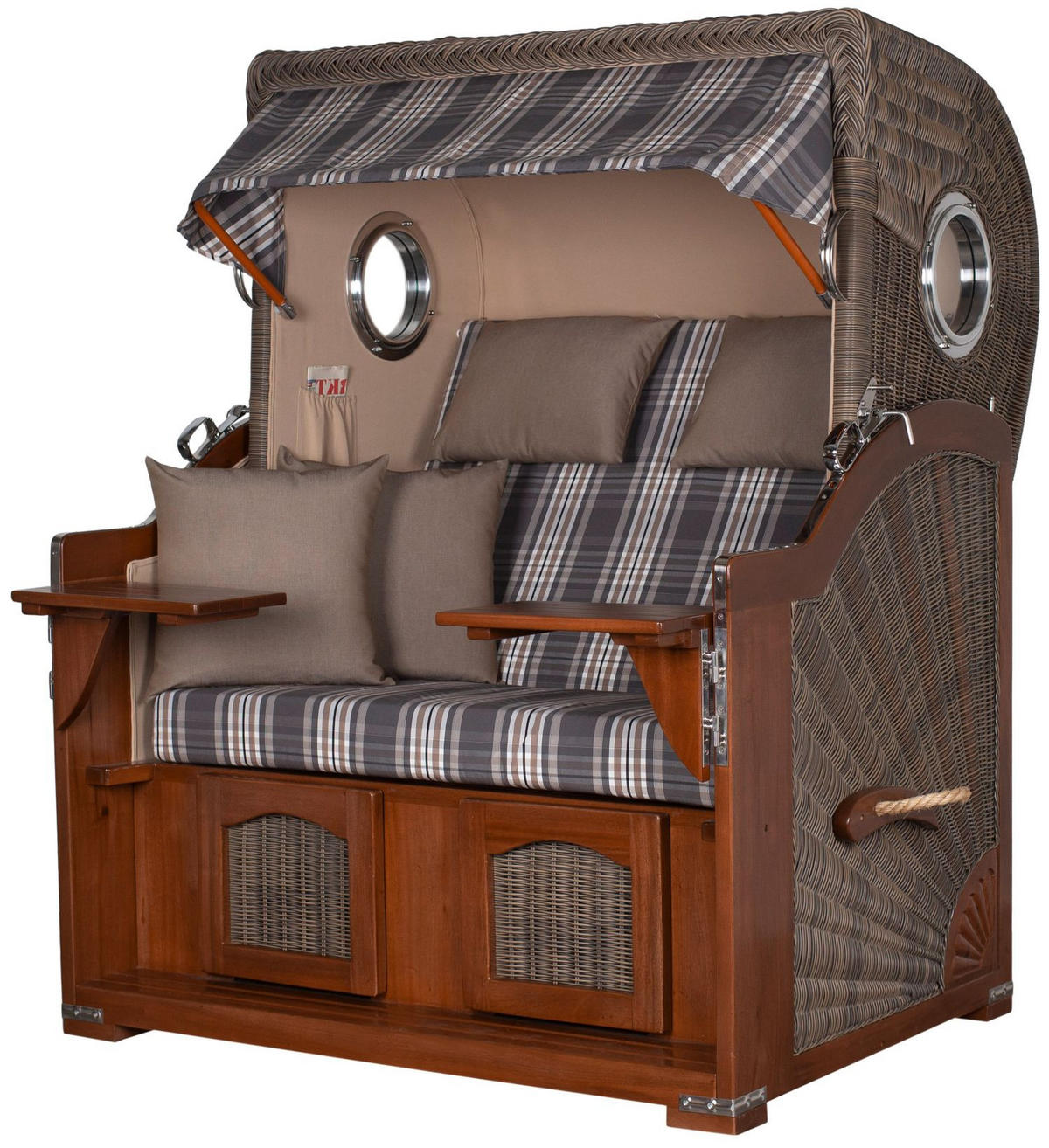 STRANDKORB Komplettset: Ammersee Mahagoni Bullauge - PE grau - Modell 522 - Beige/Braun, Holz/Kunststoff (125/165/80cm) - bene living