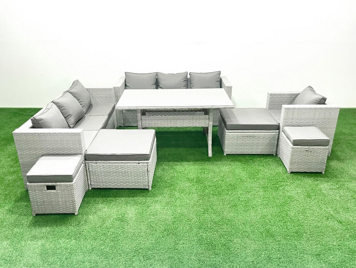 GARTENSET mit Esstisch,Sofa,4 Fußhocker,Stuhl Polyrattan Hellgrau 11-Sitzer - Hellgrau/Grau, Glas/Kunststoff - Fimous