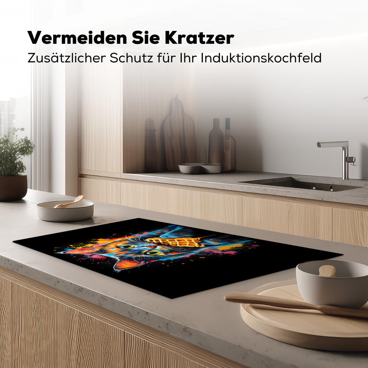HERDABDECKPLATTE Katze - Graffiti - Bunt - Waffel - Essen Ceranfeldabdeckung 85x52 cm - Multicolor, Kunststoff (85/52/0.2cm) - MuchoWow