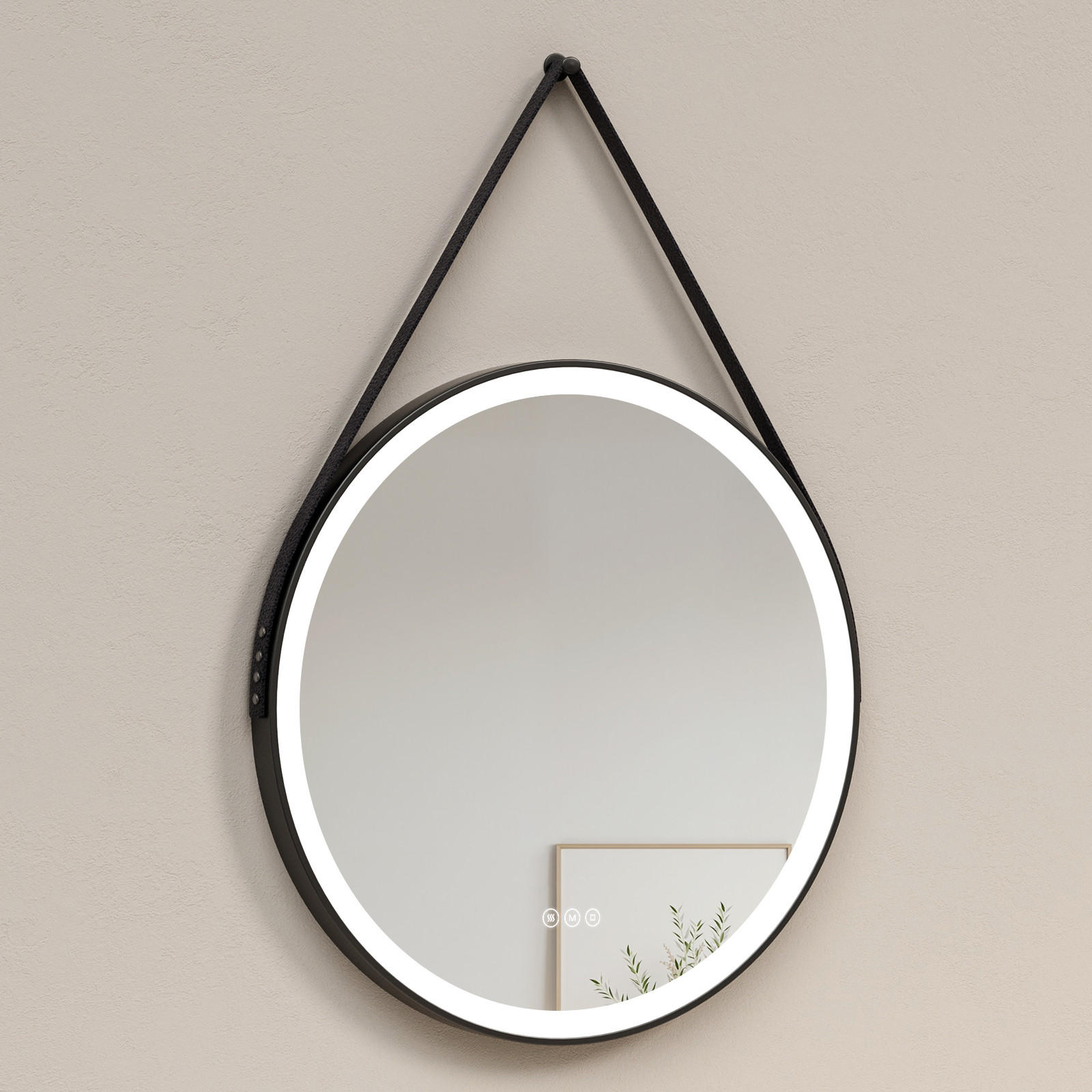 BADSPIEGEL mit Touch-Schalter Beleuchtung mit Hängeriemen Schwarz ф80 cm - Schwarz, Glas (80/3.5/80cm) - EMKE