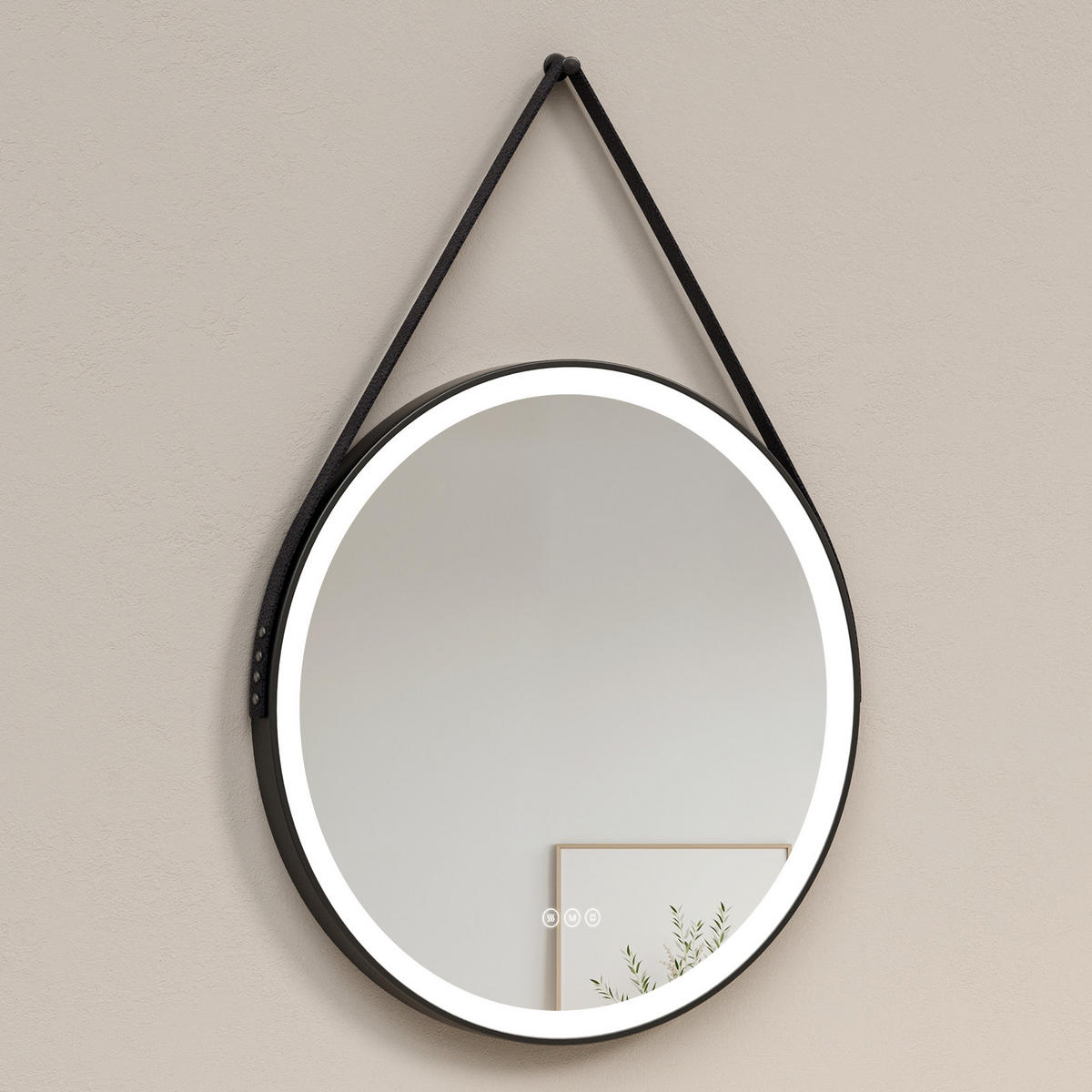 BADSPIEGEL mit Touch-Schalter Beleuchtung mit Hängeriemen Schwarz ф80 cm - Schwarz, Glas (80/3.5/80cm) - EMKE