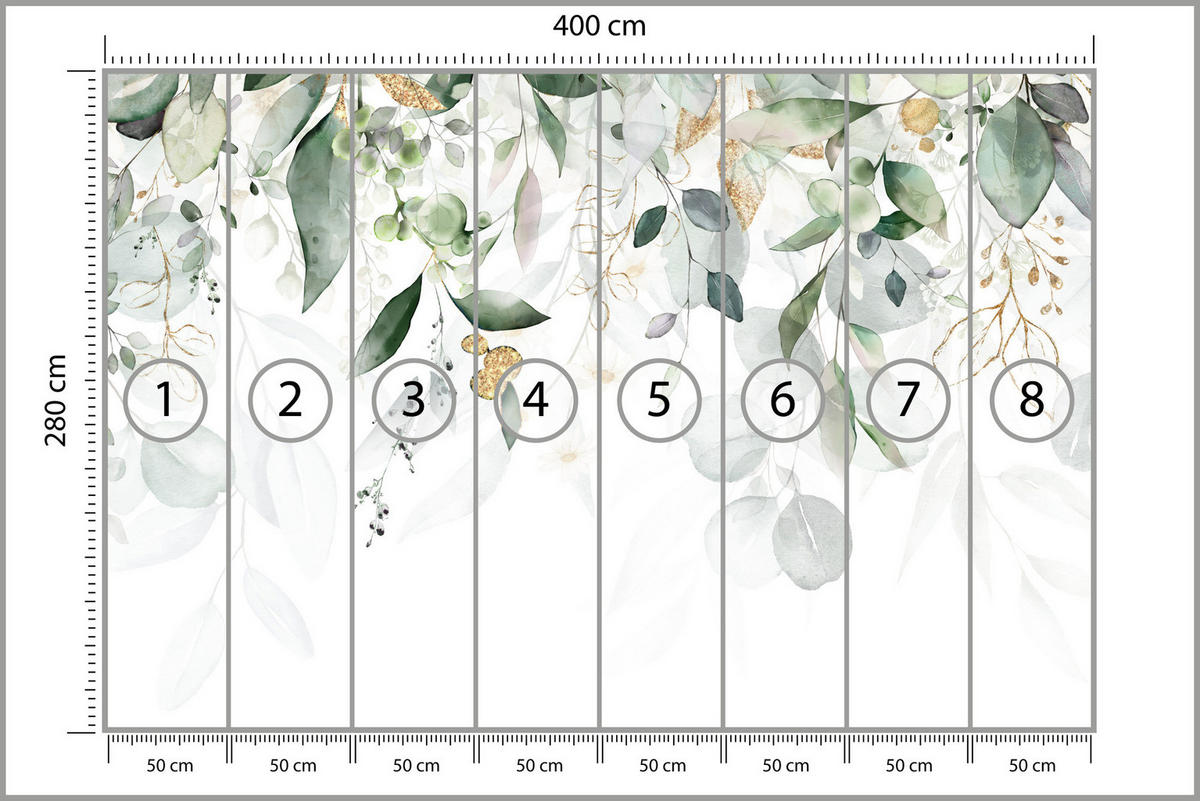 FOTOTAPETE Aquarell Blätter Pflanzen Natur 400x280 - Gelb/Beige, Papier (400/280cm) - Muralo