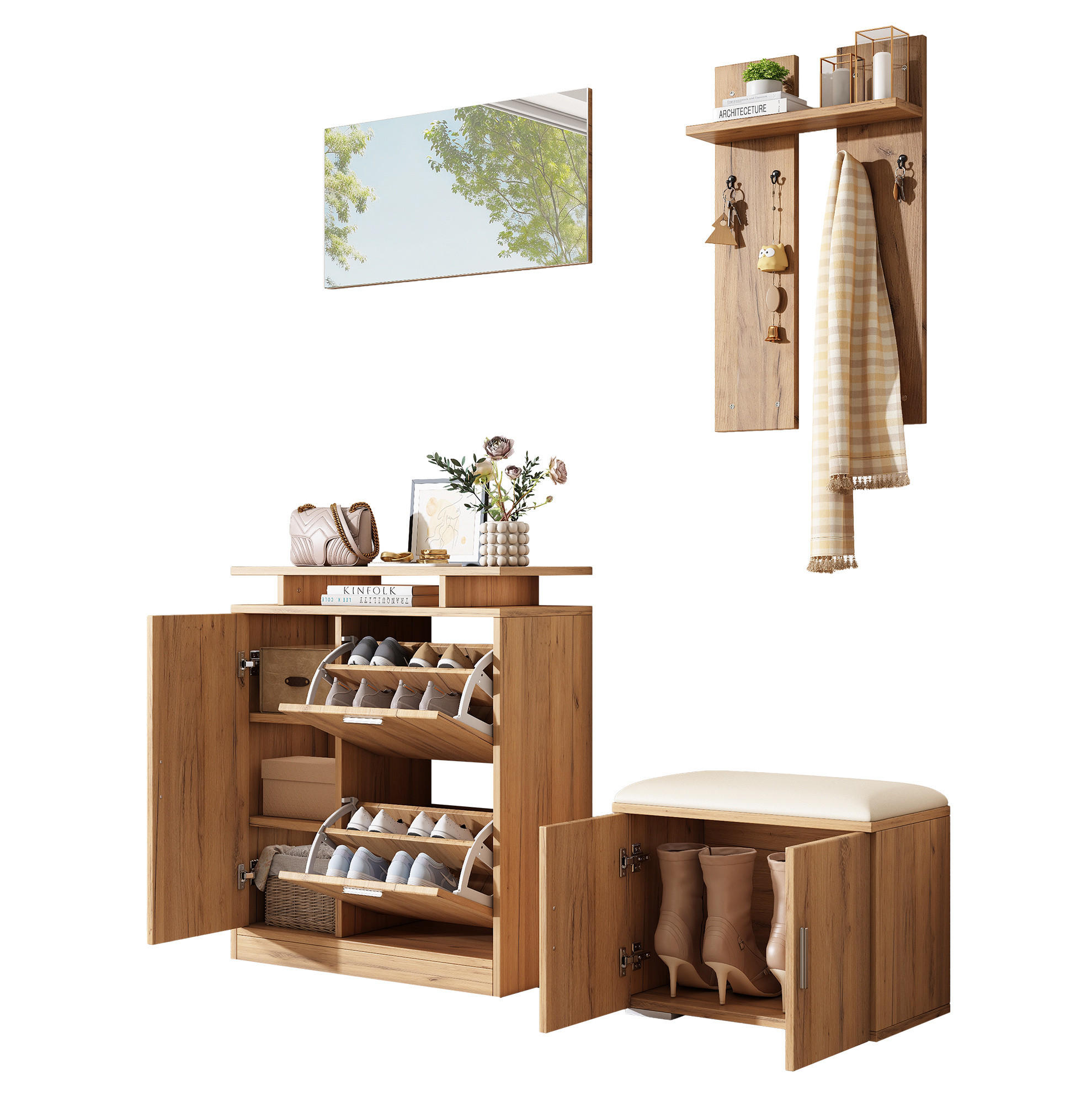 GARDEROBENSET 140/35/133 cm naturfarben aus Spanplatte mit Spiegel und Schuhbank - Naturfarben, Holzwerkstoff (140/133/35cm) - OKWISH