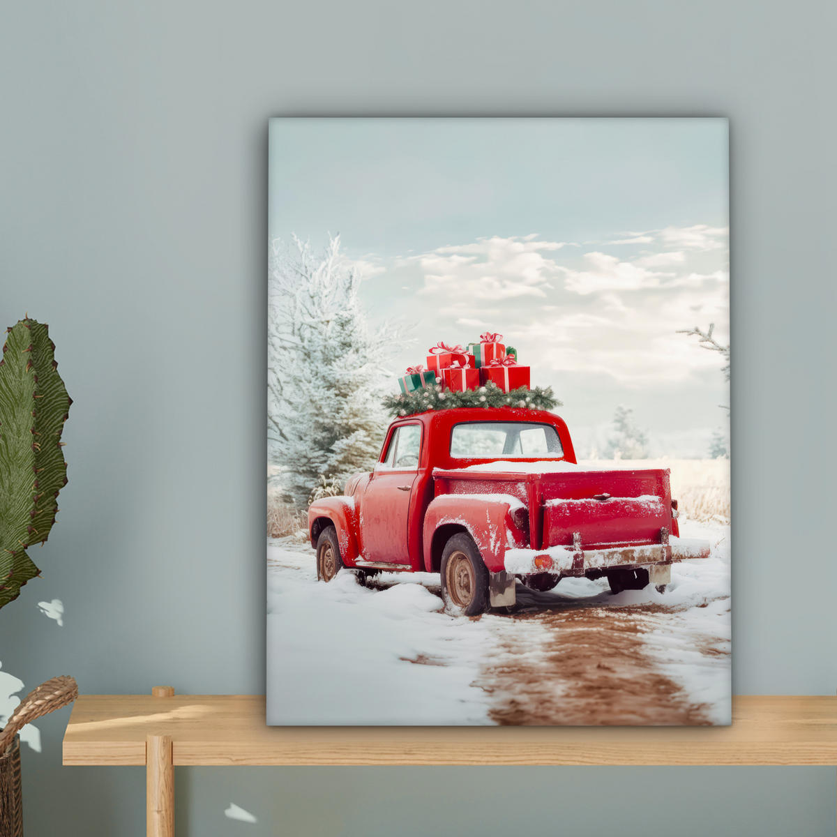 LEINWANDBILD Auto - Rot - Geschenke - Winter - Schnee - Weihnachten 30x40 cm - Rot, Textil (30/40cm) - MuchoWow