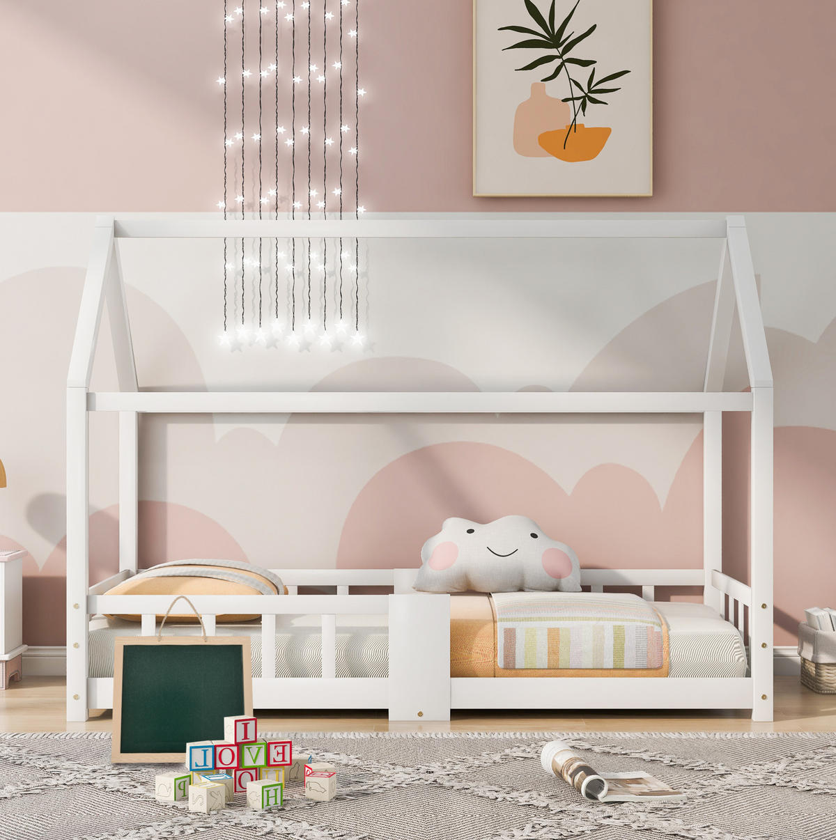 KINDERBETT 90/200 cm Weiß aus Massivholz mit Tafel und Rausfallschutz - Weiß, Holz (90/200cm) - Flora Grace