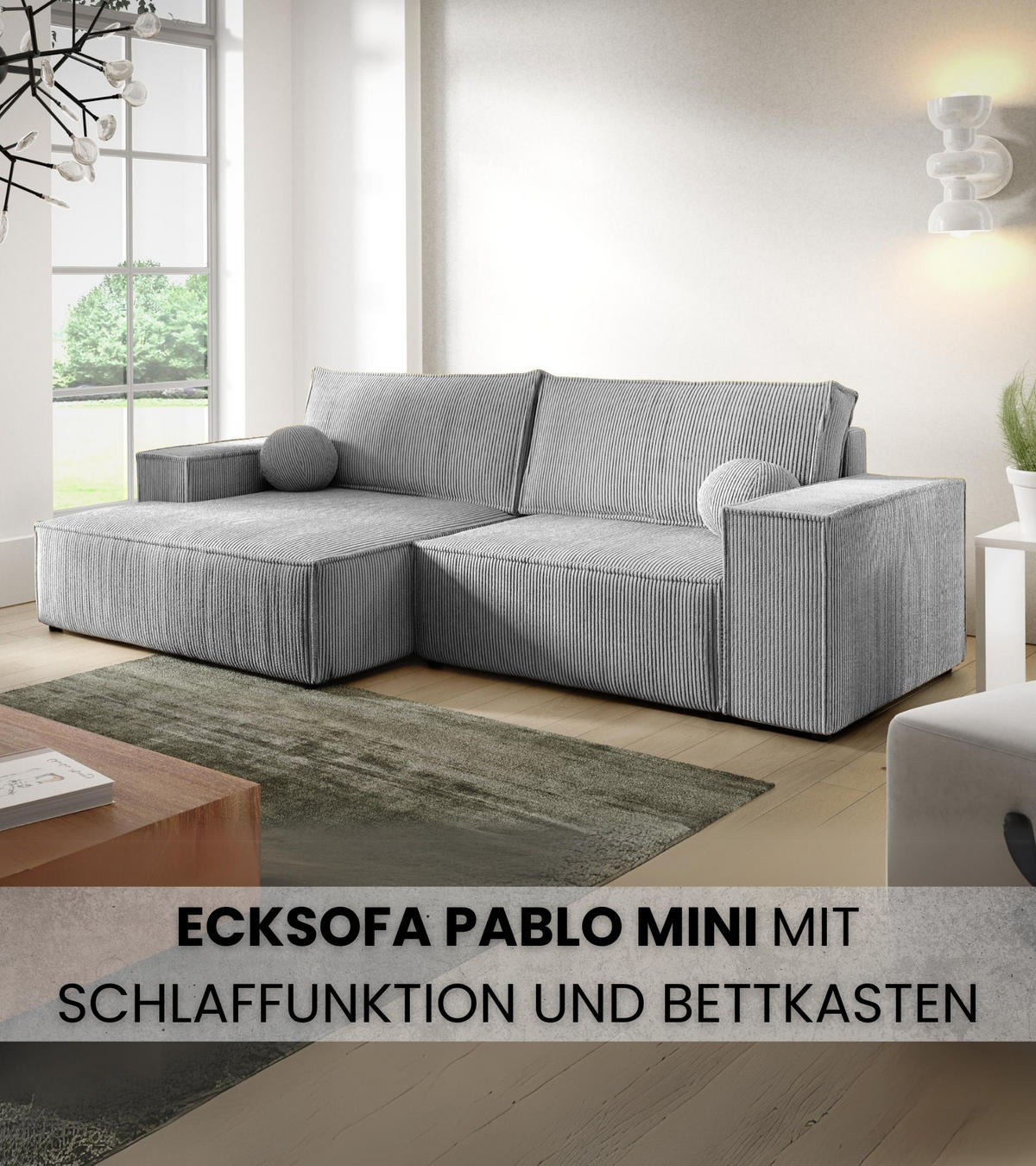 ECKSOFA Pablo Mini mit Schlaffunktion Hellgrau Cord - Hellgrau, Textil (255/148cm) - Bromarkt