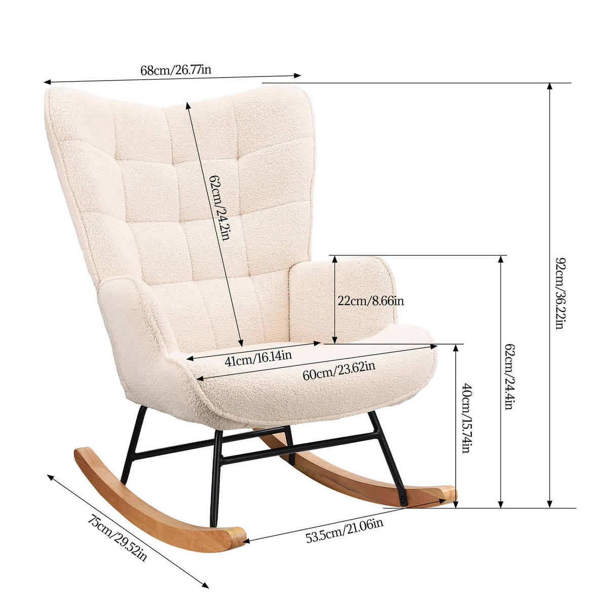 SCHAUKELSTUHL mit Metallgestell und Holzsockel, Teddystoff, Beige - Beige, Holzwerkstoff (68/92/75cm) - BursDany