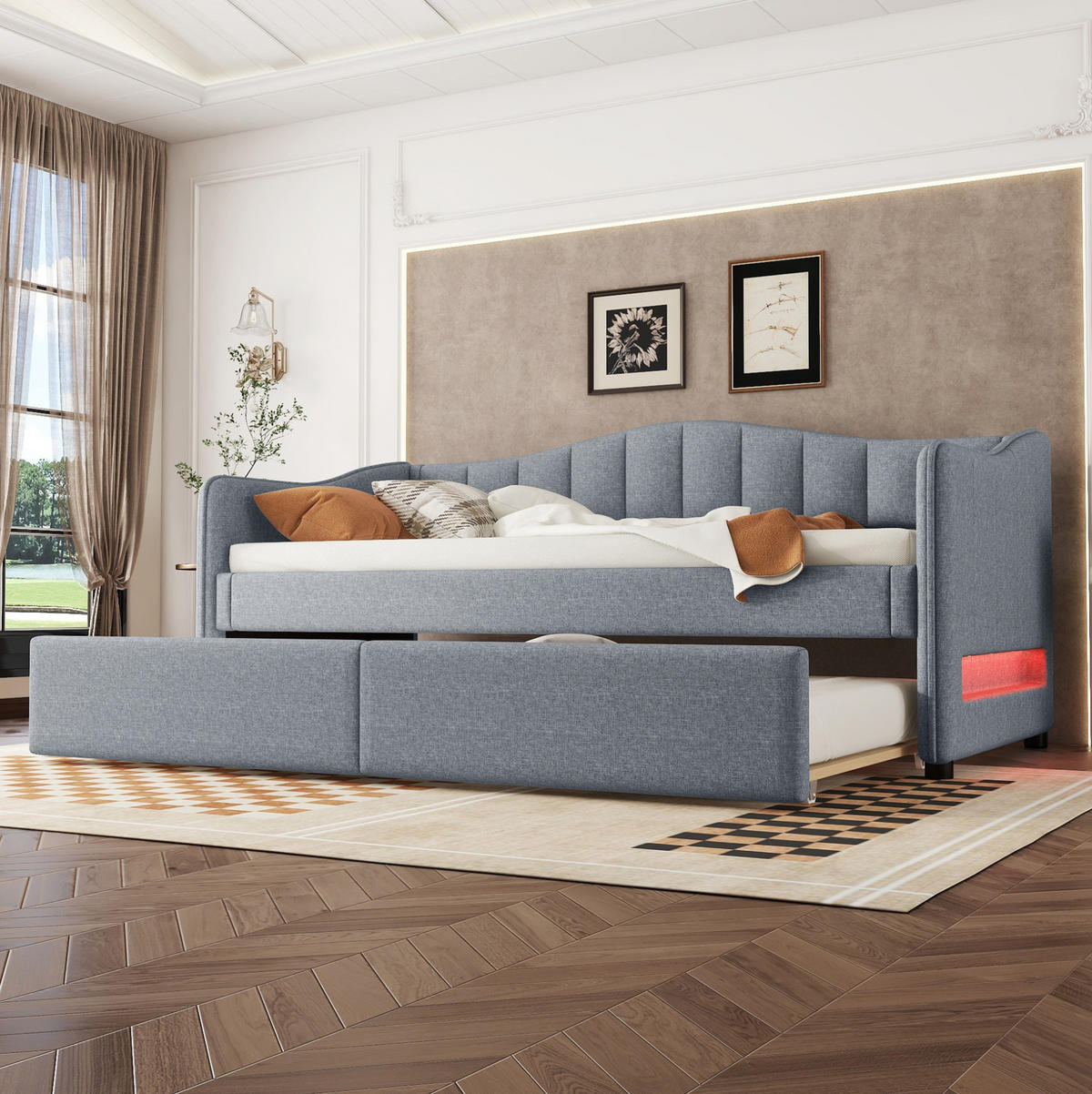 POLSTERBETT 90/200 cm aus Leinen mit ausziehbarem Rollbett und LED-Beleuchtung Grau - Grau, Textil (90/200cm) - Modenvie