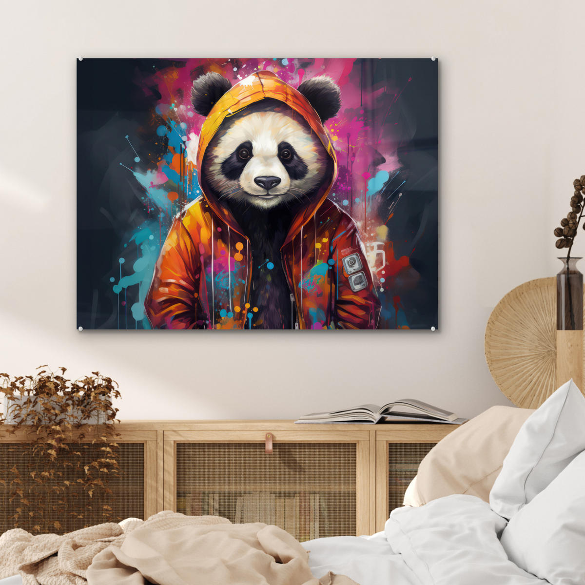 ACRYLGLASBILD Panda - Jacke - Graffiti - Orange 80x60 cm - Orange, Glas (80/60cm) - MuchoWow