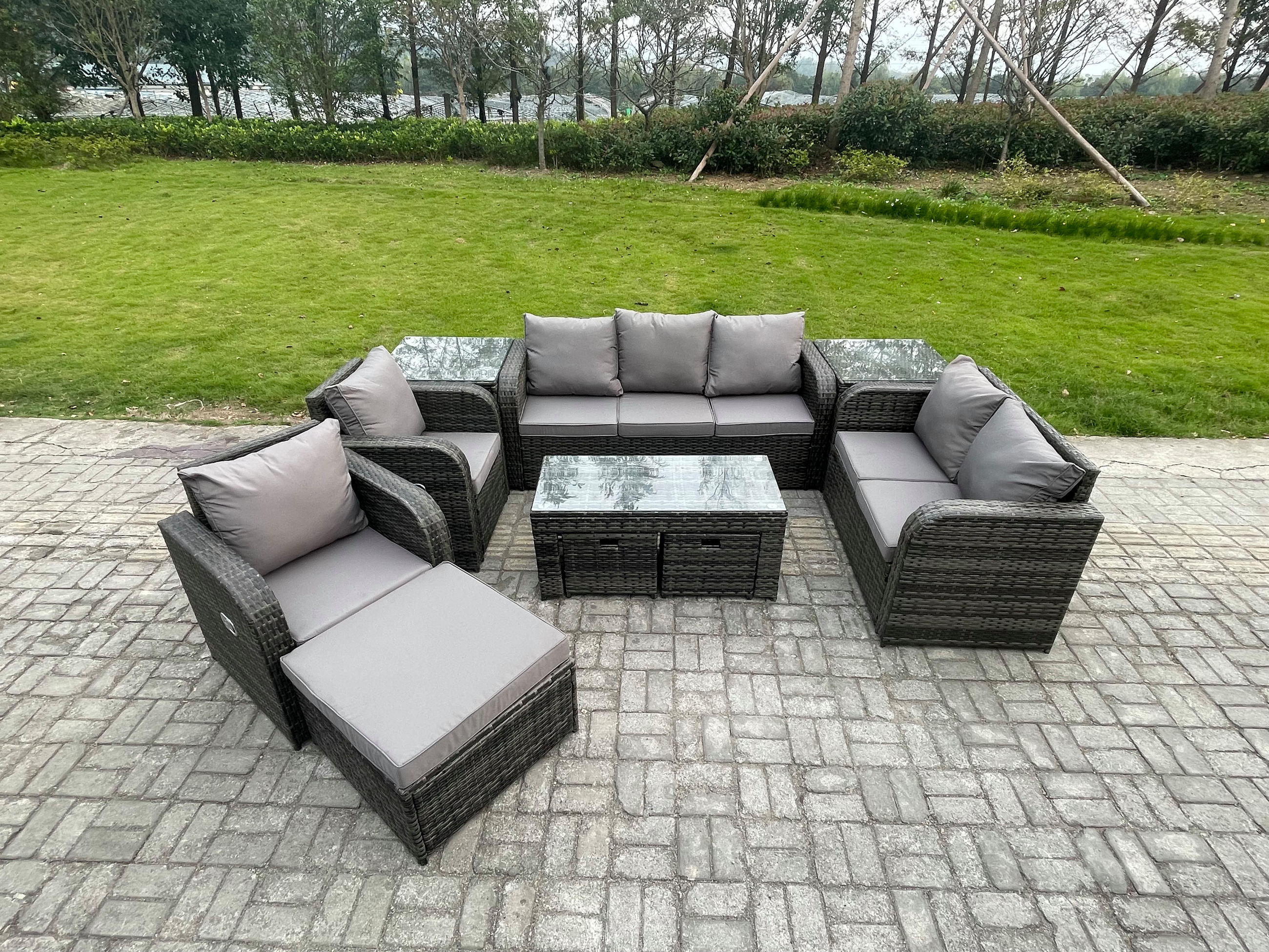 GARTENSOFA SET mit rechteckigem COUCHTISCH Polyrattan 10-Sitzer Dunkelgrau - Dunkelgrau/Grau, Glas/Kunststoff - Fimous