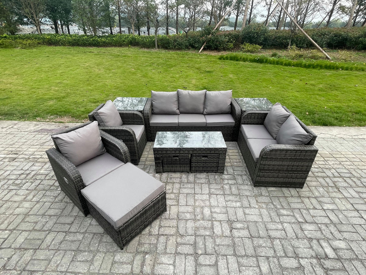 GARTENSOFA SET mit rechteckigem COUCHTISCH Polyrattan 10-Sitzer Dunkelgrau - Dunkelgrau/Grau, Glas/Kunststoff - Fimous