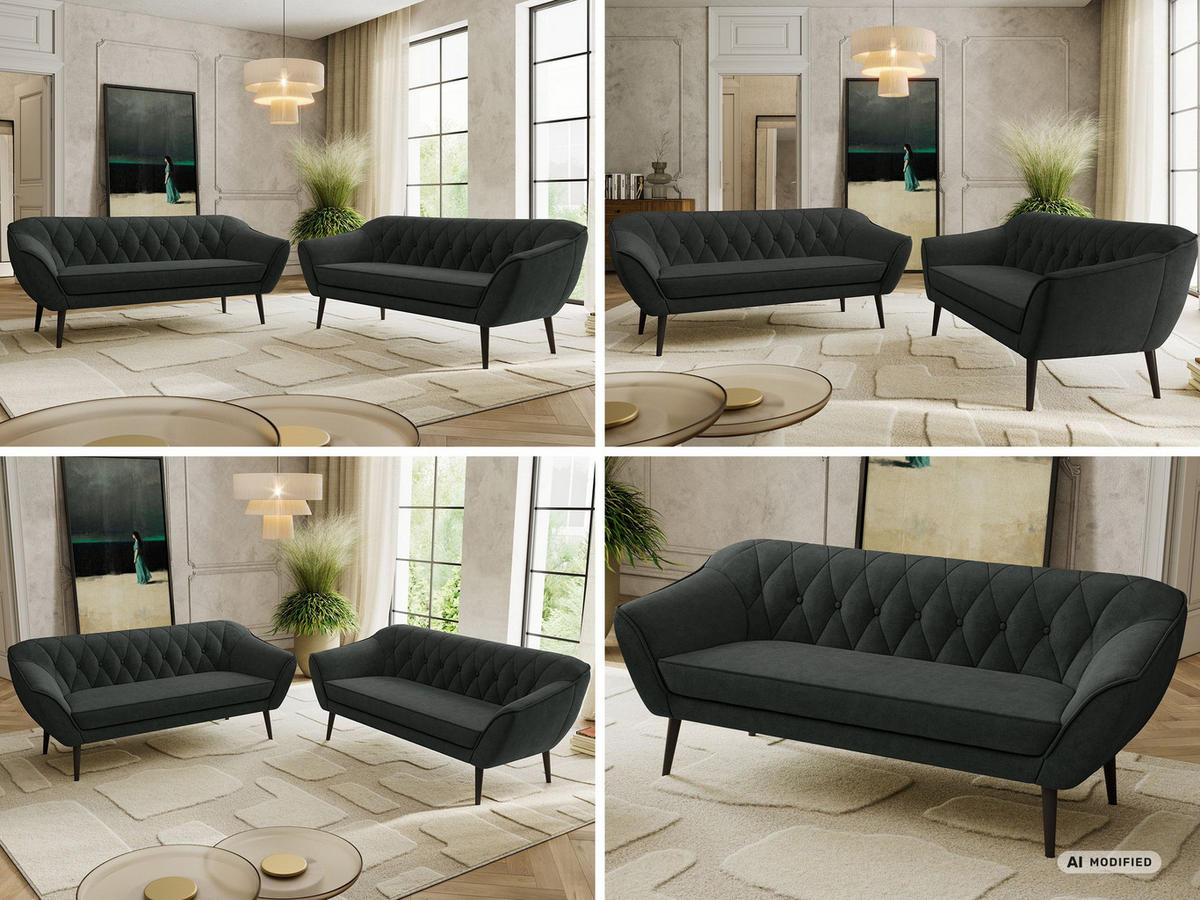 SEDACÍ SOUPRAVA PIRS 3+3 - Tmavě šedá Strukturovaná látka - Černé nohy - černá/tmavě šedá, kompozitní dřevo/textil (180/75/74cm) - MKS