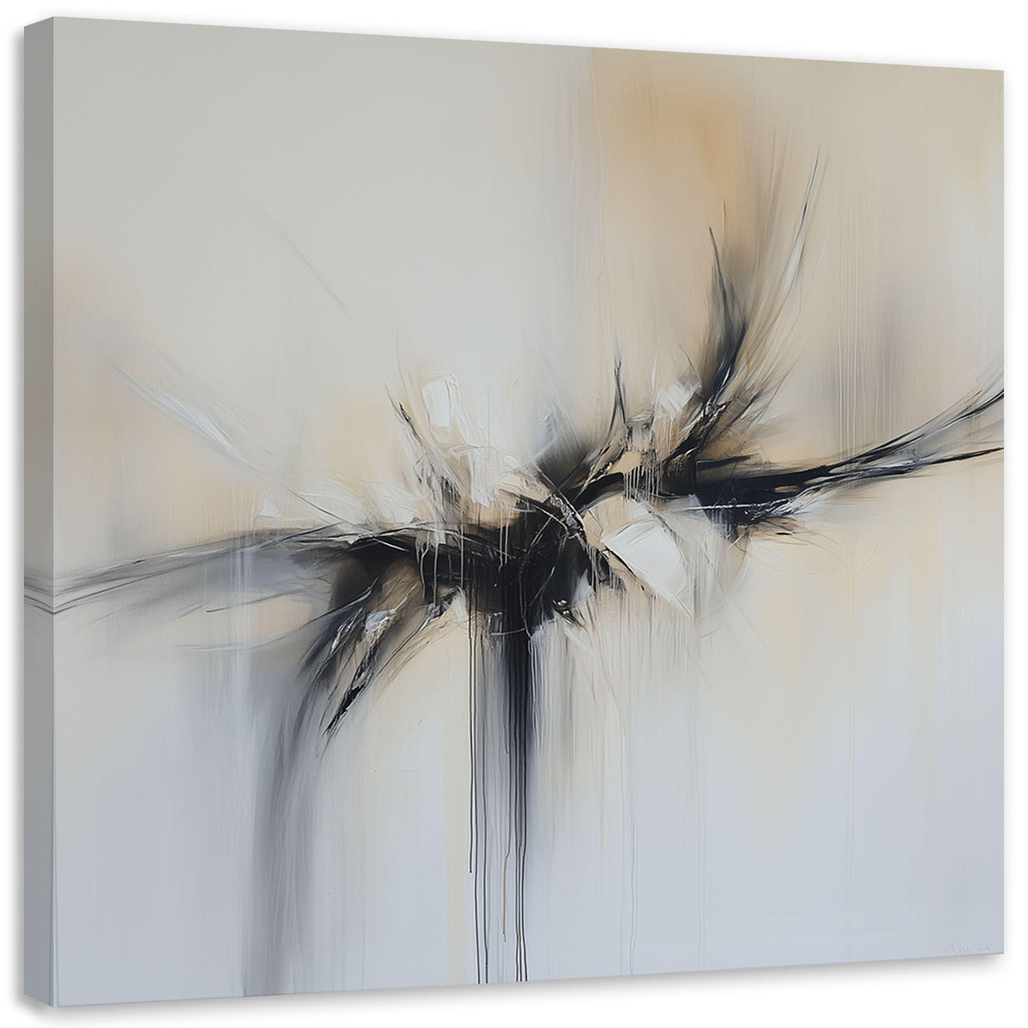 LEINWANDBILD Abstrakte beige-schwarze Farbeffekt 60x60cm - Beige, Textil (60/60cm) - Feeby