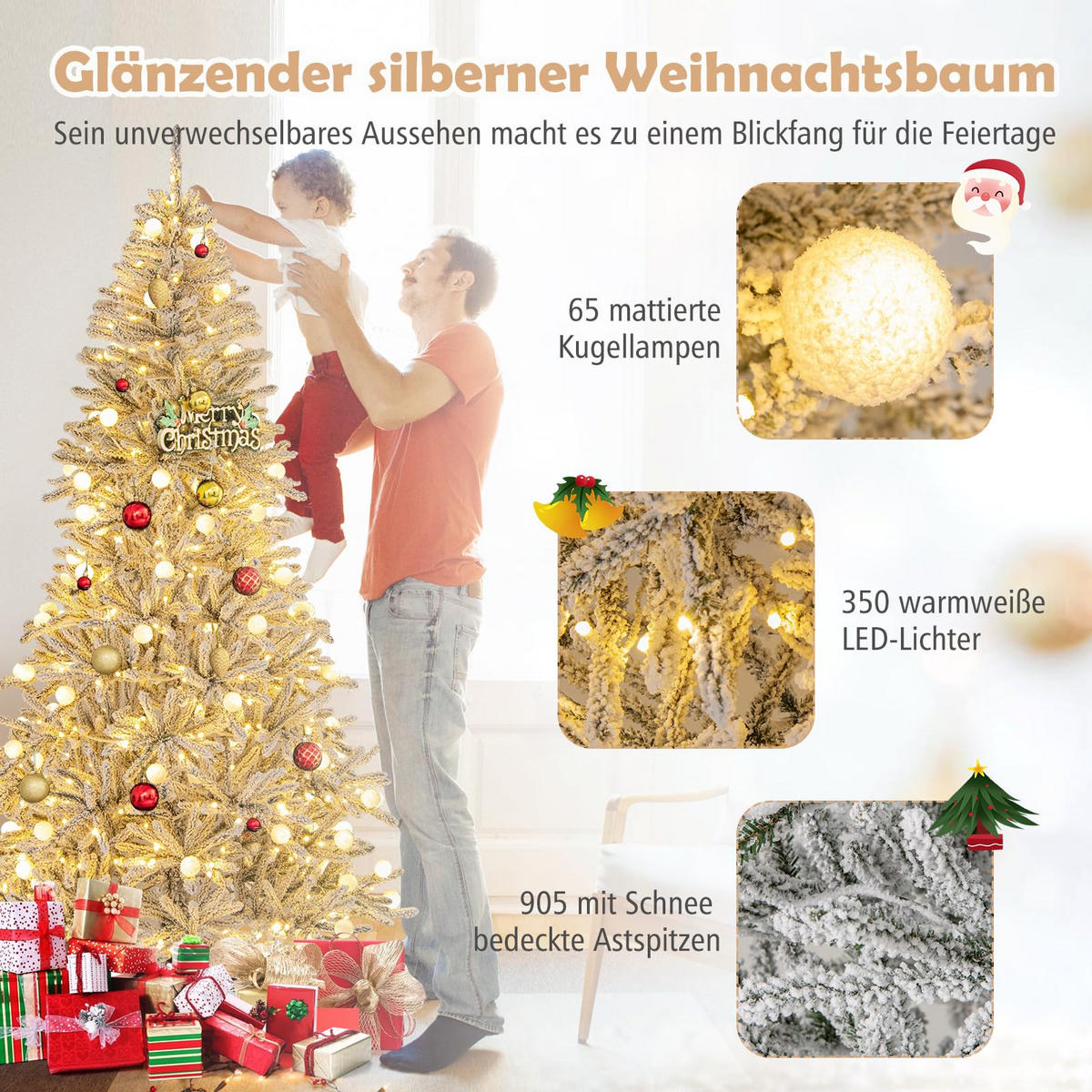 WEIHNACHTSBAUM mit Beleuchtung und Schnee Fernbedienung und Timer 210 cm weiß - Weiß, Metall (180cm) - COSTWAY