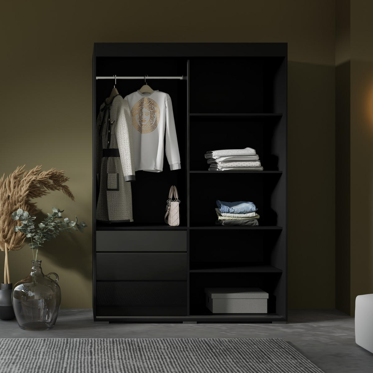 SCHIEBETÜRENSCHRANK mit Schubladen und Spiegel Torino 2D1L 140 Schwarz (Lacobel) - Silberfarben/Schwarz, Holzwerkstoff/Metall (140/204/65cm) - mzm24