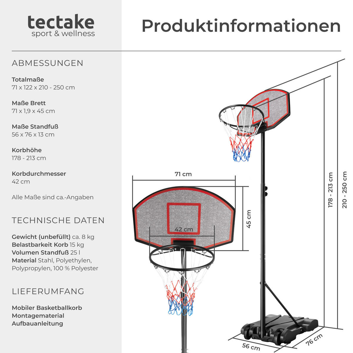 BASKETBALLKORB Harlem,rollbar,schwarz - Schwarz, Metall (71/122cm) - tectake