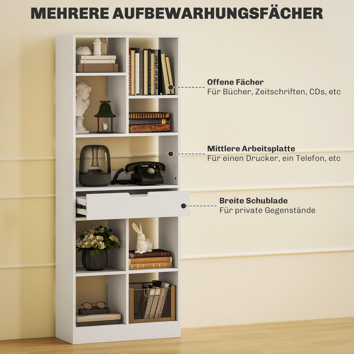 BÜCHERREGAL Standregal mit 9 Regalen, 1 Schublade, Aufbewahrungsregal Weiß - Weiß, Holz/Holzwerkstoff (26/158/60cm) - HOMCOM