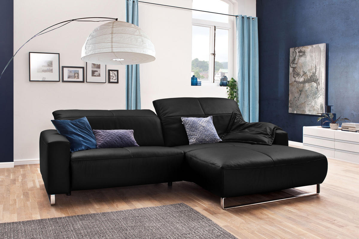 ECKSOFA YORK Schwarz Leder - Silberfarben/Schwarz, Leder (284/180cm) - KAWOLA