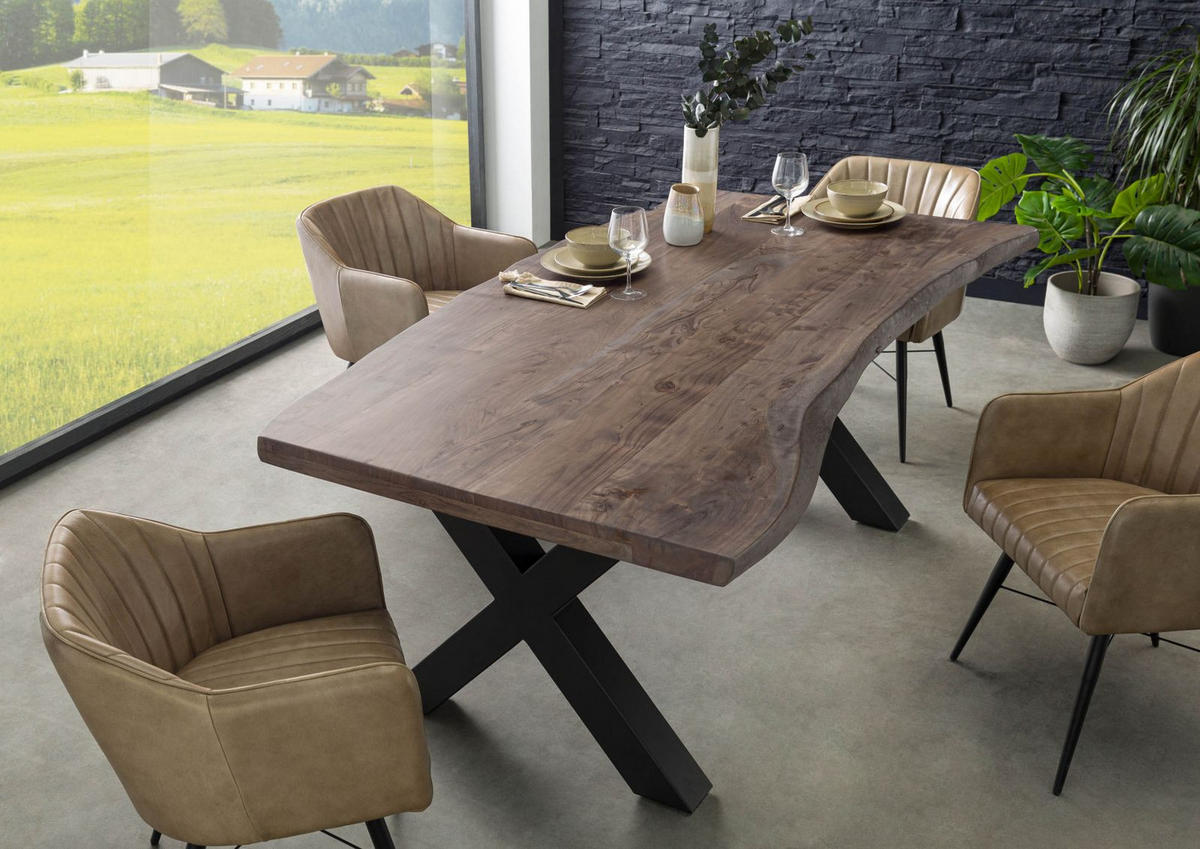 BAUMTISCH Akazie 200x100x77 grau lackiert / X-Beine anthrazit matt FREEFORM 5 - Anthrazit/Grau, Holz (200/100/77cm) - Massivmoebel24