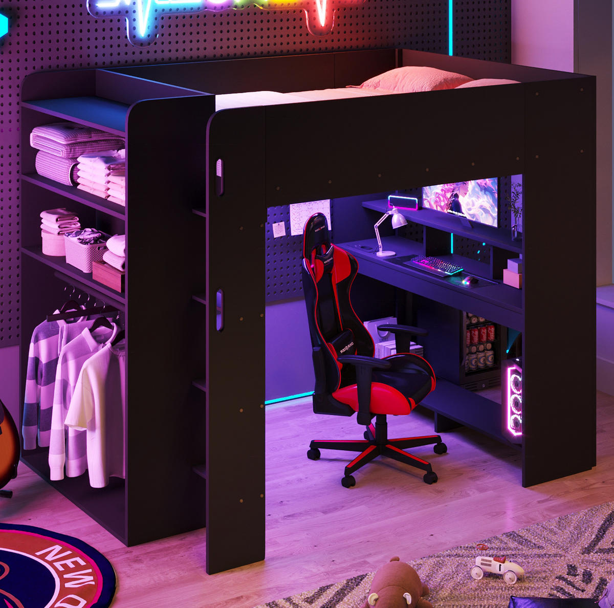 HOCHBETT aus MDF und Sperrholz 140x200 cm Schwarz mit Schreibtisch, Kleiderschrank und LED-Beleuchtung - Schwarz, Holzwerkstoff (140/200cm) - Modfu