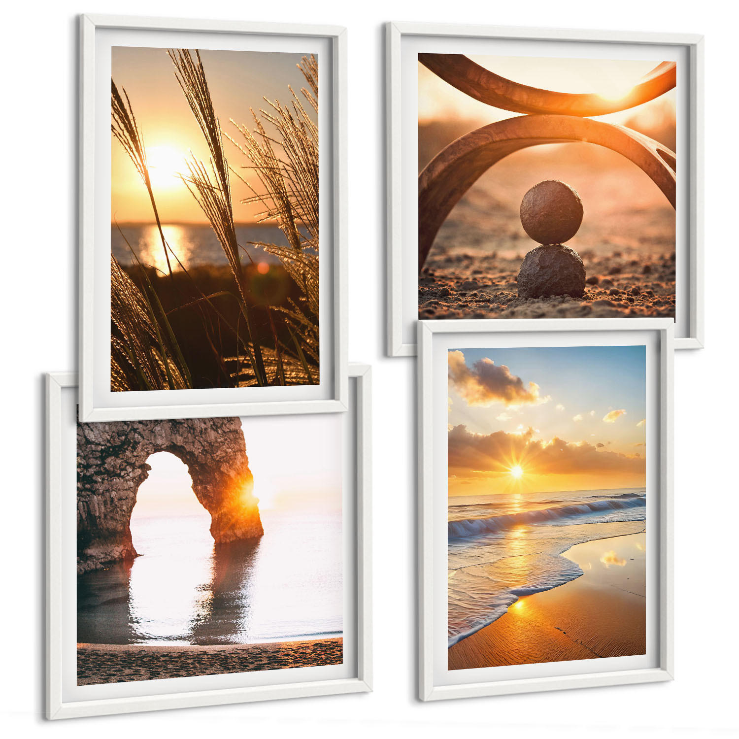 BILDER SET 4er Set - 50x50 cm & 40x60 cm Weißer Rahmen - Ruhige Landschaften am Strand der Sonne - Weiß, Kunststoff (50/50cm) - TULUP