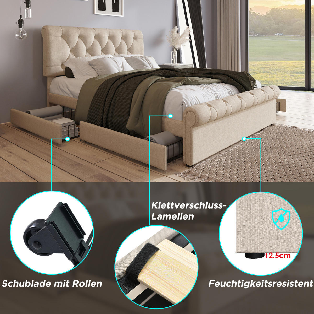 POLSTERBETT 140/200 cm Natur aus Metall und Holz mit Matratze und 4 Schubladen - Naturfarben, Metall (140/200cm) - OKMYHOME