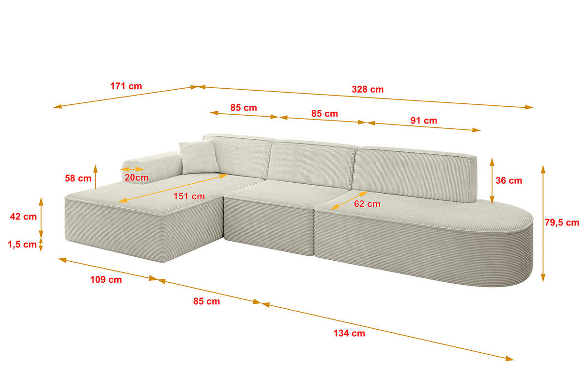 ECKSOFA Ottomane Links IREA-L2-v3 - 328x171x79 cm Hellgrau - Ecru/Beige, Holzwerkstoff/Textil (328/171cm) - ALTDECOR