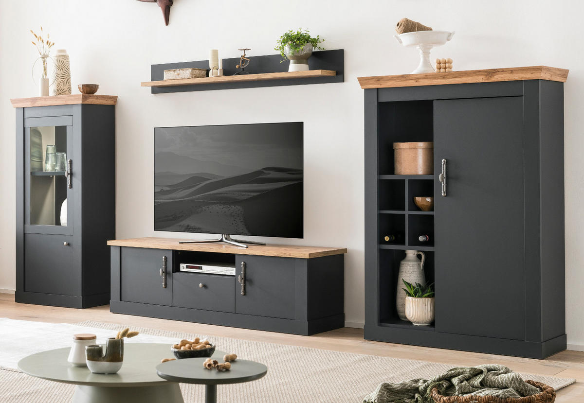 WOHNWAND 4-teilig grau, Eiche Wotan, Landhaus 357 x 170 cm, Wohnkombination mit Soft-Close - Silberfarben/Eiche Wotan, Glas/Holzwerkstoff (357/170/45cm) - Furn.Design
