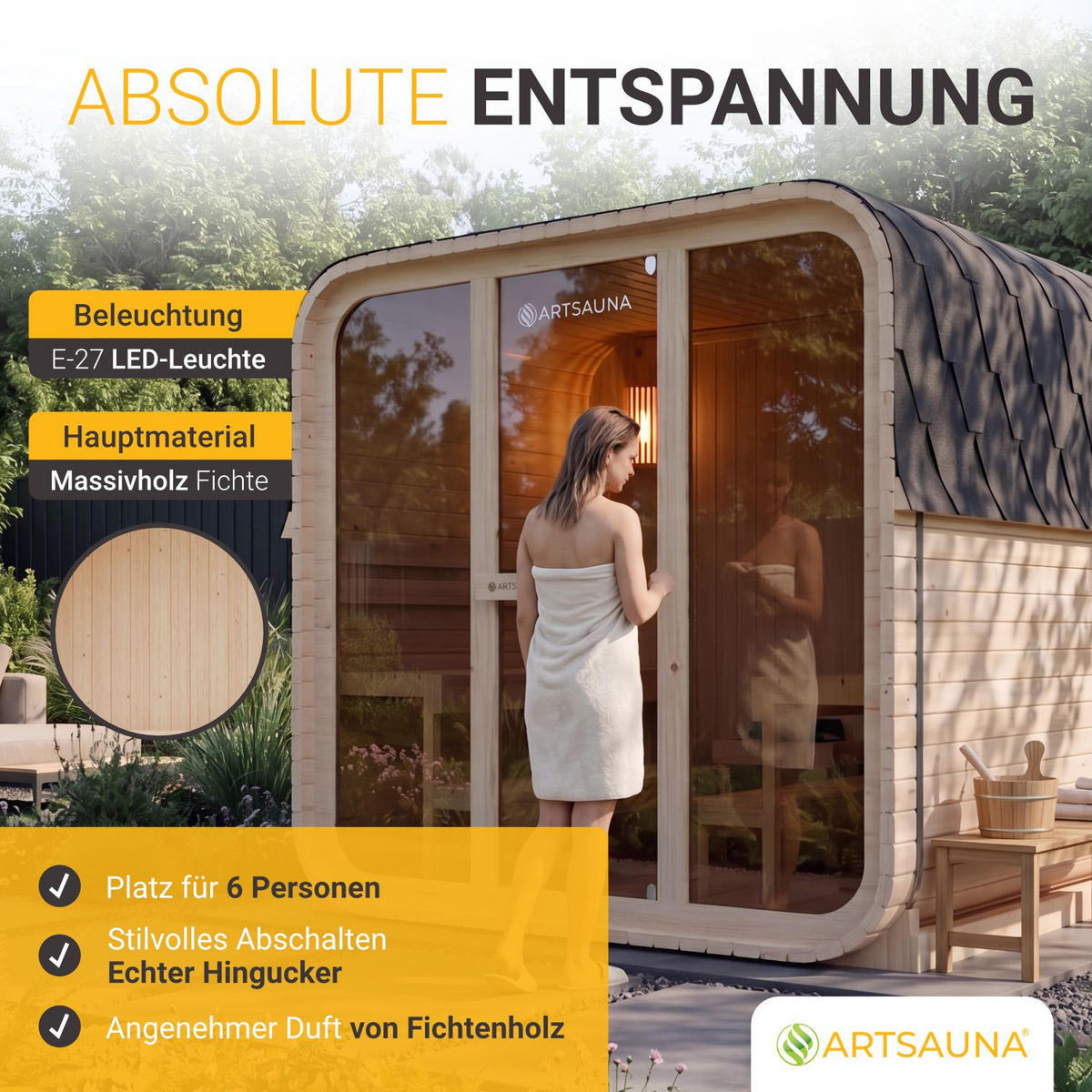 FASSSAUNA Fjora L 9 kW Saunaofen (6 Personen) - Naturfarben, Holz (228/225/180cm) - Artsauna