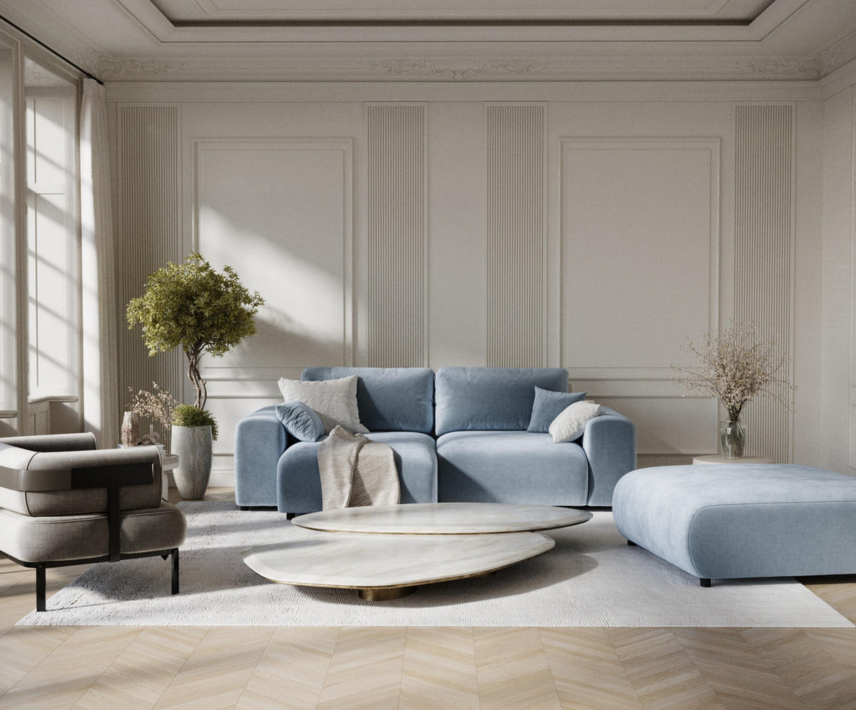ECKSOFA Zanzibar Blau Grau Samtstoff - Blaugrau/Schwarz, Holz/Holzwerkstoff (237/144cm) - Maison de Reve