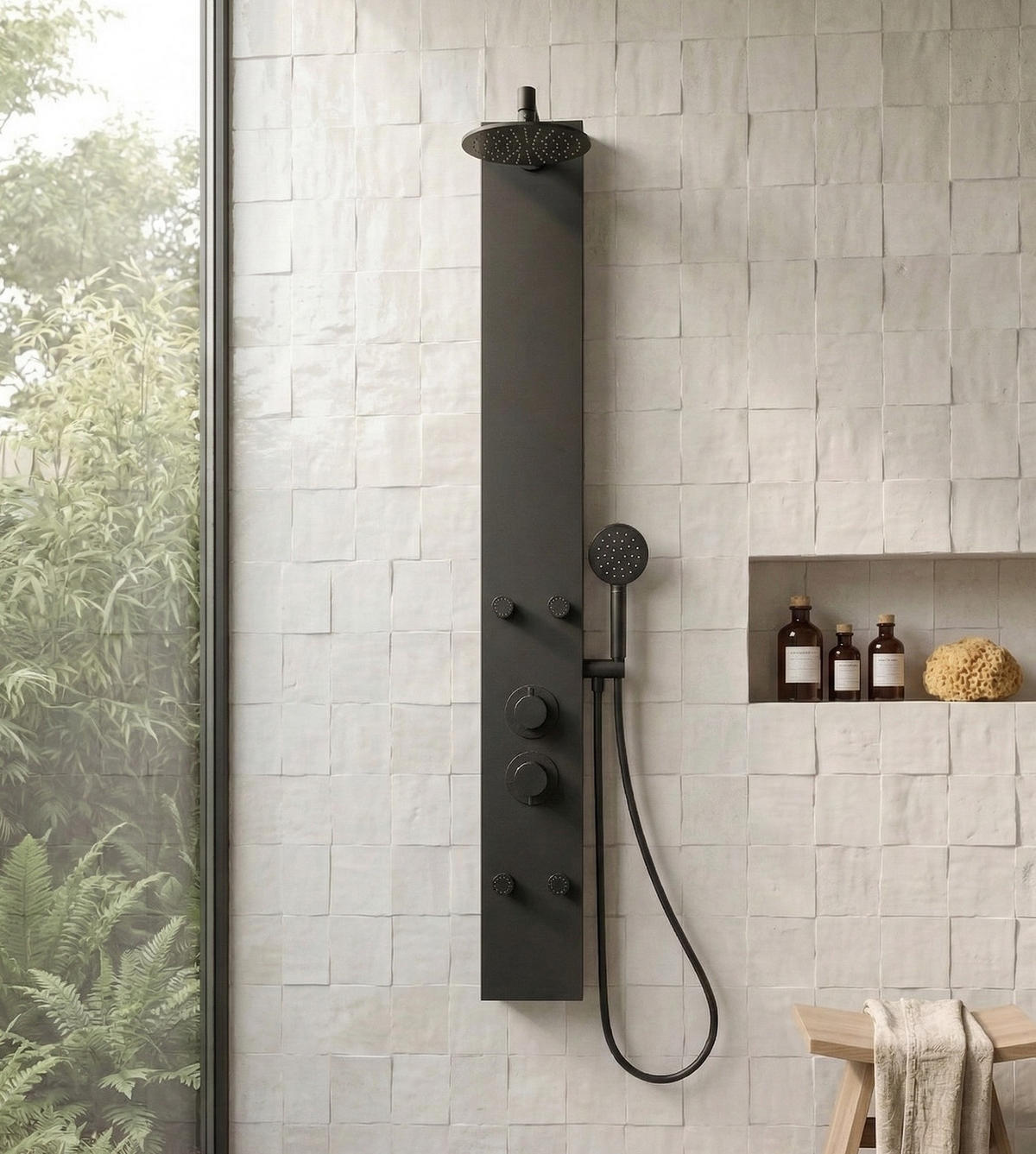 DUSCHPANEEL Caldera mit Mischbatterie Schwarz Aluminium - 140 x 20 cm - Schwarz, Metall (20/120/7cm) - Badplaats