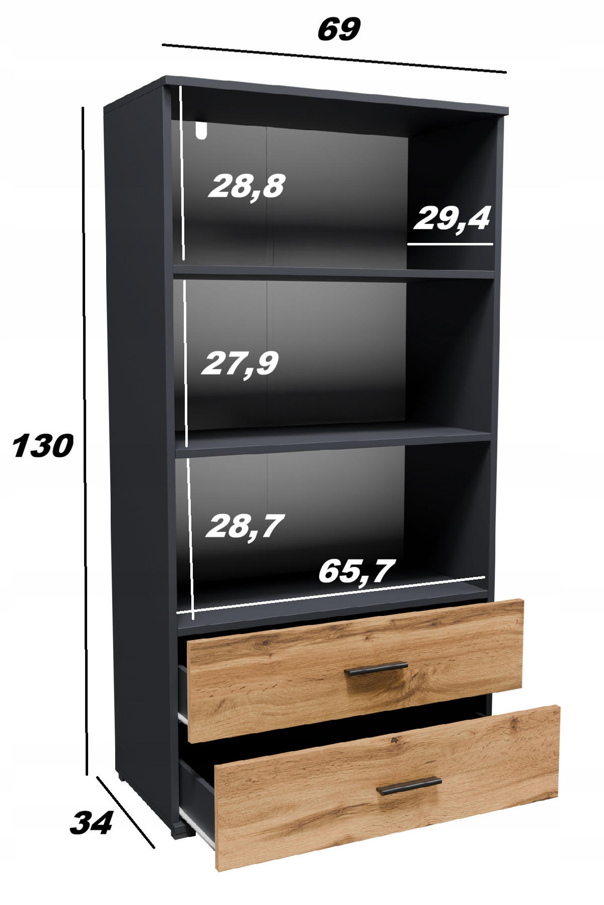 BÜCHERREGAL CR3-ST2 Graphit-Wotan Eiche 69/34/130 cm - Eiche Wotan/Graphitfarben, Holzwerkstoff (69/130/34cm)