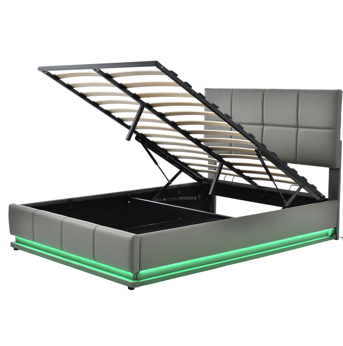 POLSTERBETT 140/200 cm grau mit LED-Beleuchtung und hydraulischem Bettkasten - Grau, Textil (140/200cm) - OKWISH