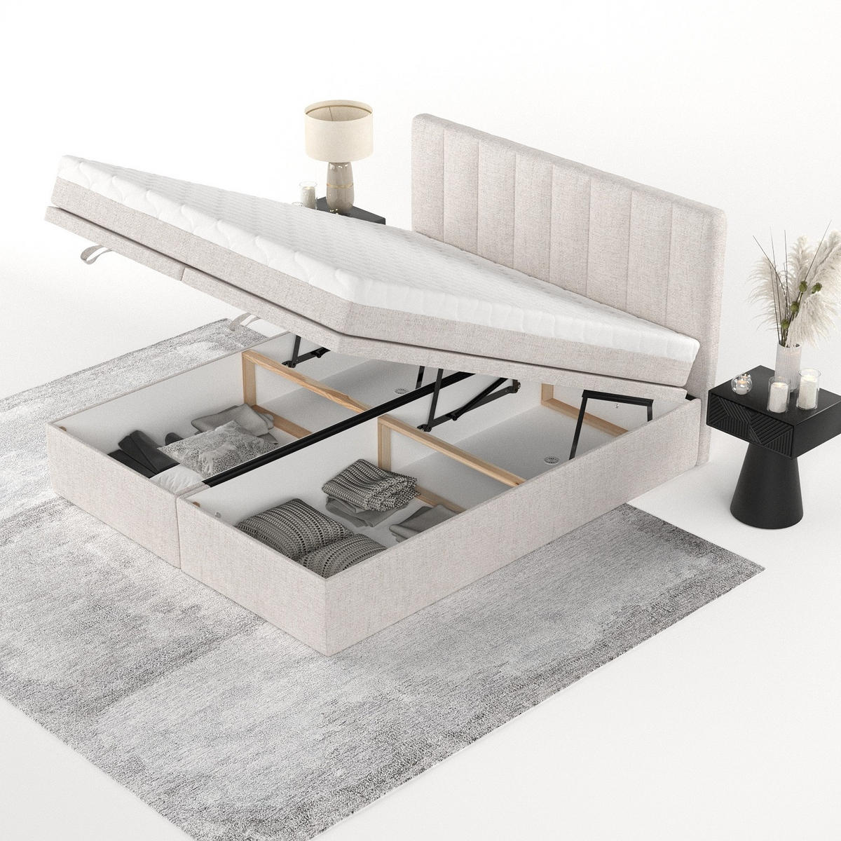 BOXBETT Lume 180/200 cm Hellbeige im Neve Stoff - Sandfarben/Schwarz, Holz/Holzwerkstoff (180/200cm) - AltaBeds