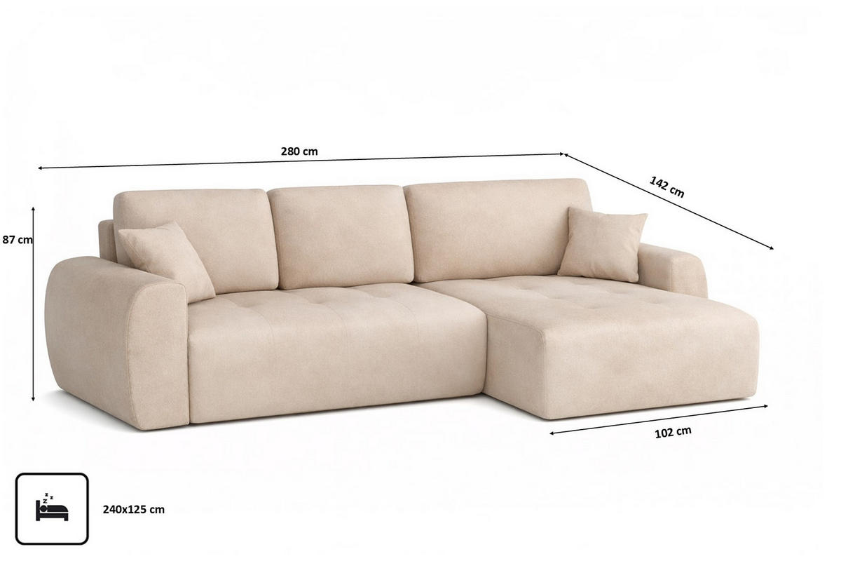 ECKSOFA Mit Schlaffunktion Und Bettkasten L-Form Ivo XL, Veloursstoff Salvador, Beige, Rechts - Beige, Holz (280/142cm) - Kaiser Möbel