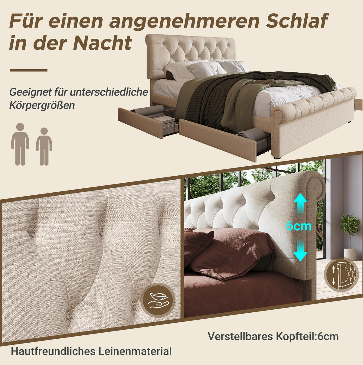 POLSTERBETT 140/200 cm Natur aus Metall und Holz mit Matratze und 4 Schubladen - Naturfarben, Metall (140/200cm) - OKMYHOME