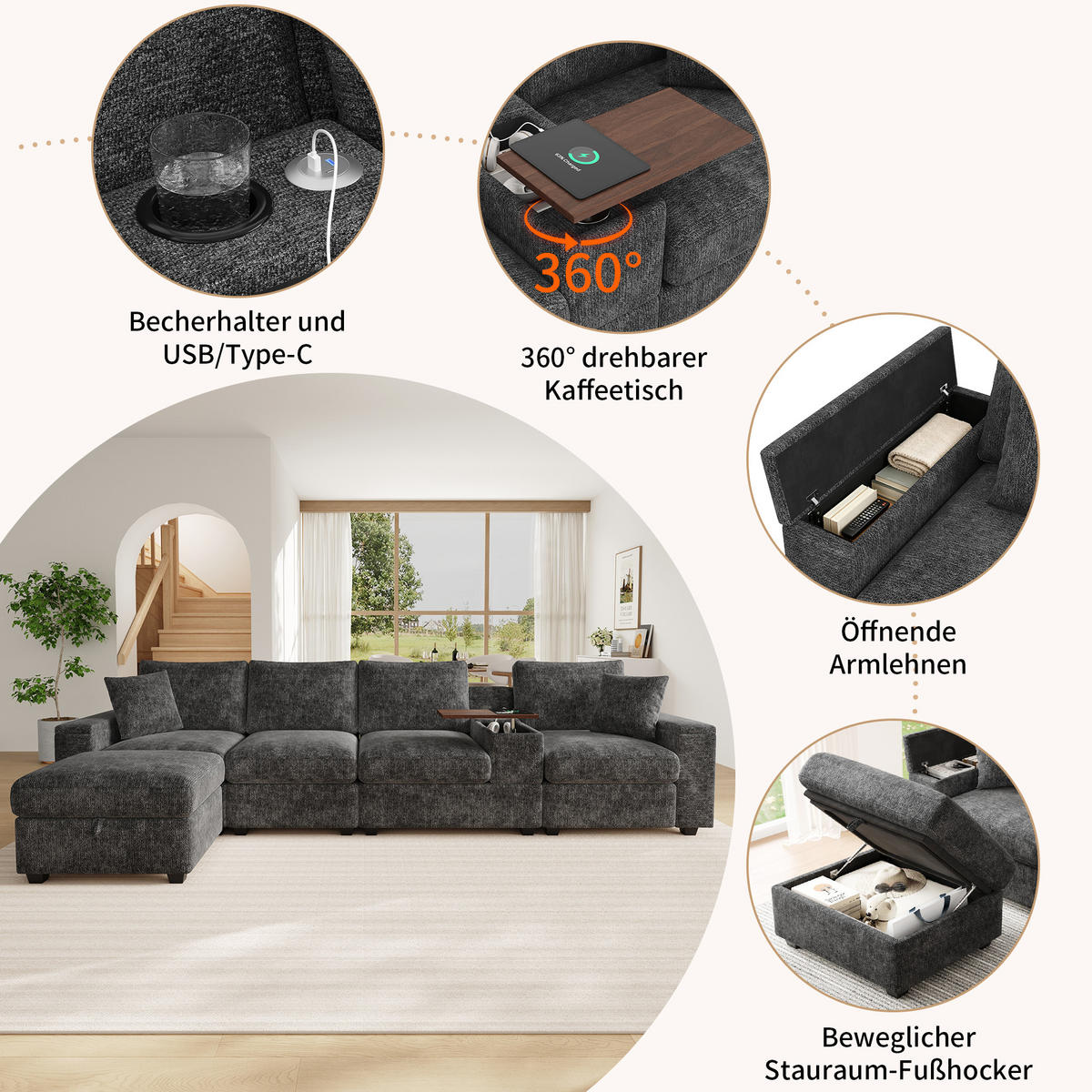 ECKSOFA 313/147/82 cm Grau mit Stauraum, USB-/Typ-C, Getränkehaltern und 360° drehbarem Couchtisch - Grau, Textil (313/147cm) - Oxeza
